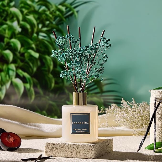 COCORRÍNA Reed Diffuser - Cashmere Vanilla 17 Fl.oz Reed Diffuser with 8 Sticks Scented Diffuser with Preserved Flowers for Bathroom Home Decor - Bloomnest