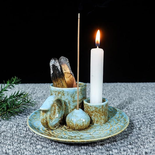 5-in-1 Ceramic Palo Santo Burner Holder Blue -Small Candle Holder & Smudge Burning Tray Bowl,Fits Incense Sticks/Cones, Sage.Zen Altar for Meditation Room, Aromatic Scents, Matches Compatible - Bloomnest