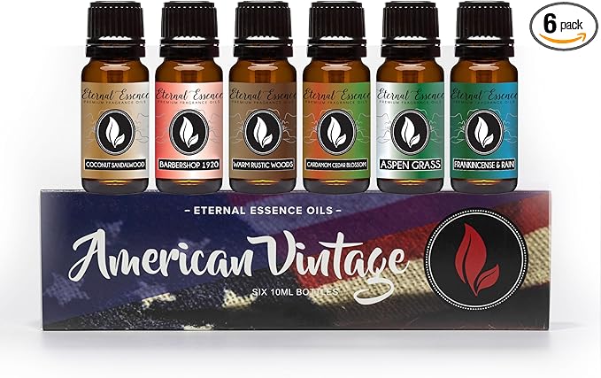 Eternal Essence Oils American Vintage Set of 6 Premium Fragrance Oils - Sandalwood Vanilla, Frankincense & Rain, Cardamom Cedar Blossom, Aspen Grass, Warm Rustic Woods, and Barbershop 1920-10ML - Bloomnest