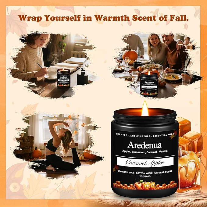 Caramel Apple Candle | Fall Candle - Apple Scented Candles for Autumn, 7oz Autumn Soy Candles for Home Scented with 50hr Burn Time, Cozy Harvest Thanksgiving Apple Scent, Fall Gifts for Women Men - Bloomnest