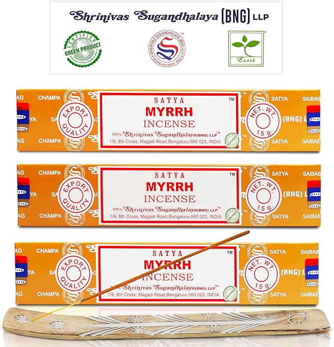 Satya Nagchampa Myrrh Incense Sticks, Satya Bng (Bangalore) Insenses 15gmx3 Pack (45 GMS) with Raajsee Incense Holder Bundle, Satya Nagchampa Natural Incense - Bloomnest