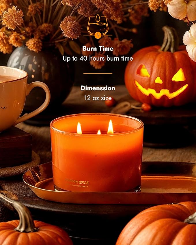 96NORTH Luxury Pumpkin Soy Candle | Large 3 Wick Jar Candle | Halloween & Fall Decor | Up to 40 Hours Burning | 100% Natural Soy Wax | Relaxing Aromatherapy Candle | Halloween Fall Candle Gift - Bloomnest