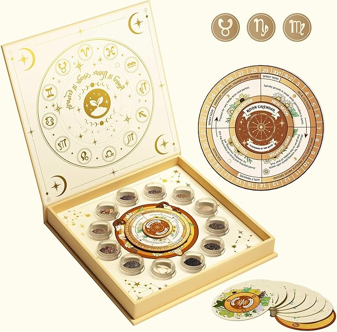 LUSH&DEW Zodiac Garden Seed Bank, 12 Varieties Non-GMO USA-Sourced Heirloom Herb Flower Seeds with Moon Calendar, Gardening Gift for Women Men, Witchcraft Supplies, Earth Sign (Taurus Virgo Capricorn) - Bloomnest