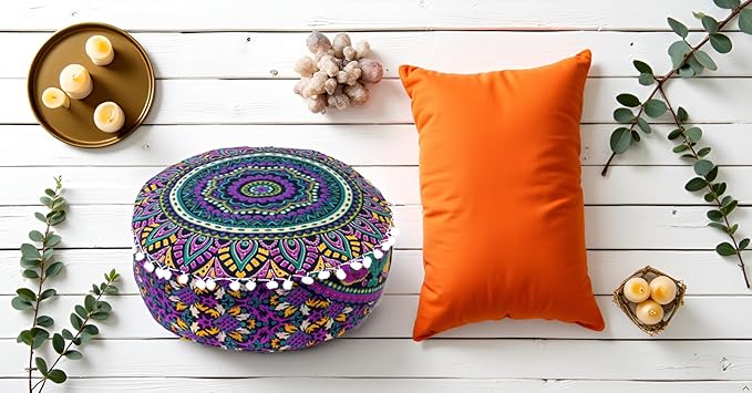 INDIAN CRAFT CASTLE ICC Floor Pillows & Cushion Covers Decorative Hippie Mandala Pouf Pillow Covers Seating Meditation Cushion Cover Large Boho Ottoman Case Pillowcase Couch New Pink, 16" Round - Bloomnest
