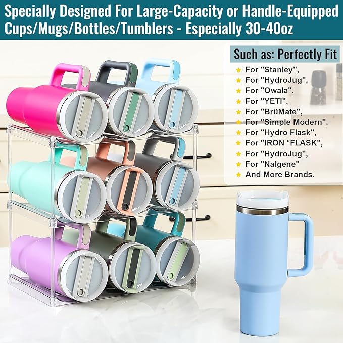Design for Stanley 40 OZ & Large Bottles & Tumblers with Handle, Acrylic Water Bottle Organizer - Stackable Clear Wine Rack, Cup Holder for Home Kitchen Pantry Shelf Countertop Cabinet, 3 Tier Hold 9 MakeLifeBetterEasier