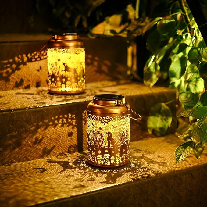 2Pack Dog Solar Lanterns Outdoor Waterproof Garden Decor Solar Lights Birthday Gifts for Women Mom Grandma Hanging Lantern LED Light Metal Dog Decoration Outside for Yard,Lawn,Porch,Patio,Tabletop - Bloomnest