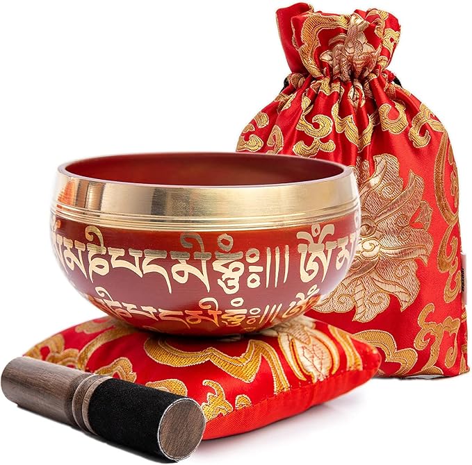 Tibetan Singing Bowl Set - Easy To Play for Beginners - Authentic Handcrafted Mindfulness Meditation Holistic Sound 7 Chakra Healing Gift by Himalayan Bazaar (Crimson) - Bloomnest