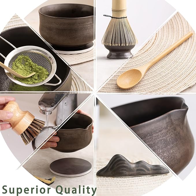 Matcha Whisk Set, Matcha Bowl with Spout and Coaster, Matcha Whisk and Holder, Sifter, Scoop, Spoon, Cleaning Brush - 10 Pcs Complete Ceramic Matcha Kit - Bloomnest