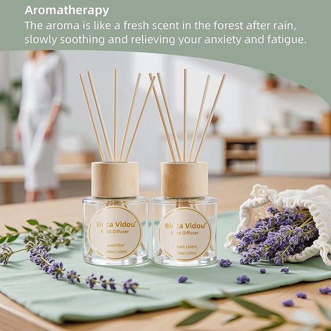 Binca Vidou Reed Diffuser Set Lavender & Linen Natural Scent Theme Oil Diffusers with Sticks for Home Office Bathroom Aromatherapy Decor 1.69oz x 2 - Bloomnest