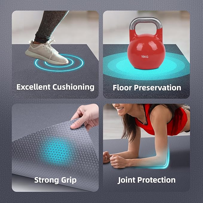 Large Exercise Mat for Home Workout,12‘x6’/10'x6'/9'x6'/8'x6'/7'x5'/6'x4' (7mm) Extra Thick Workout Mat, High-Density Gym Mat for Cardio, Jump Rope, MMA, Weights (Shoe-Friendly) - Bloomnest