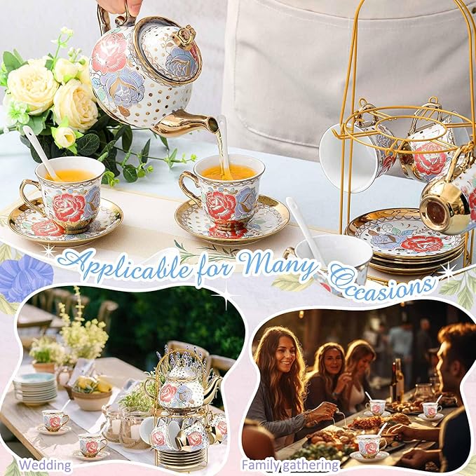 Zhehao 20 Pcs Porcelain Tea Set with Metal Holder and Spoon Adult Ceramic Tea Set European Flower Painting Teapot Cup Saucer Spoon for Women, Large Version(Romantic Style) - Bloomnest