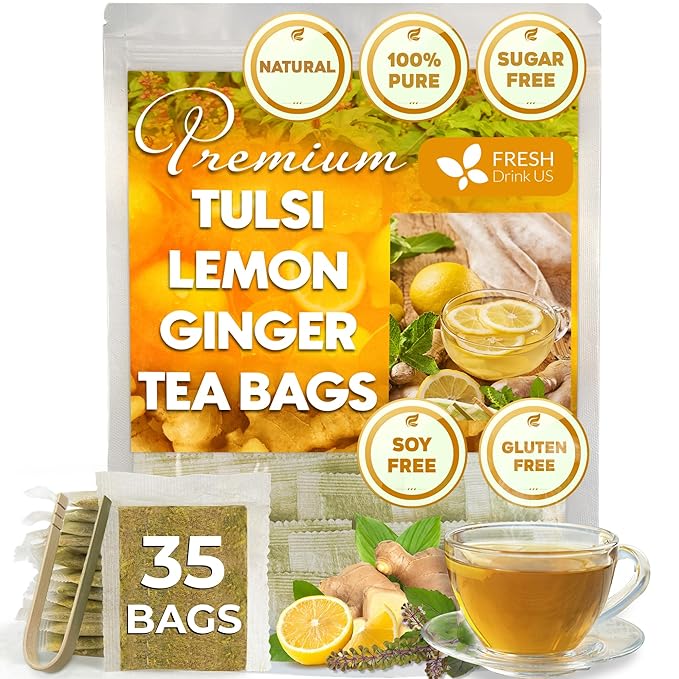 FreshDrinkUS, Premium 35 Tulsi Lemon Ginger Tea Bags, 100% Natural & Pure from Tulsi Holy Basil Leaves, Lemon and Ginger. Made with Natural Material Tea Bags. No Sugar, No Caffeine, Vegan. - Bloomnest