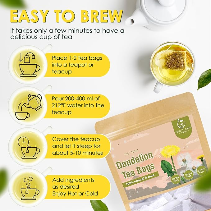 NHAT ANH FARM - Premium Dandelion Tea Bags, 40 Tea Bags, 100% Natural Dried Dandelion Leaves, Naturally Sweet Herbal Tea, Sugar-Free, Caffeine-Free, No Additives. - Bloomnest