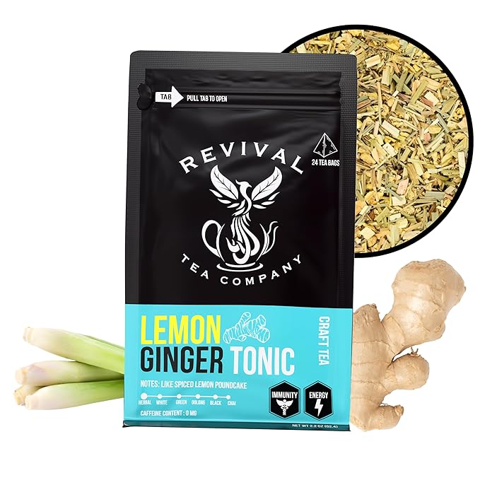Revival Tea Company Lemon Ginger Tonic - Caffeine Free Herbal Tea Blend with Lemongrass and Ginger - 24 Tea Bags - Bloomnest