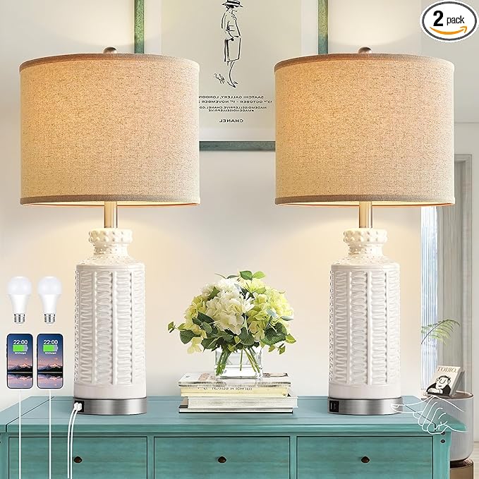 28" White Table Lamps Set of 2, Ceramic Lamps for Living Room with 2 USB Charding Ports, Modern Bedroom Lamps for Nightstand, 2 LED Bulbs Included - Bloomnest