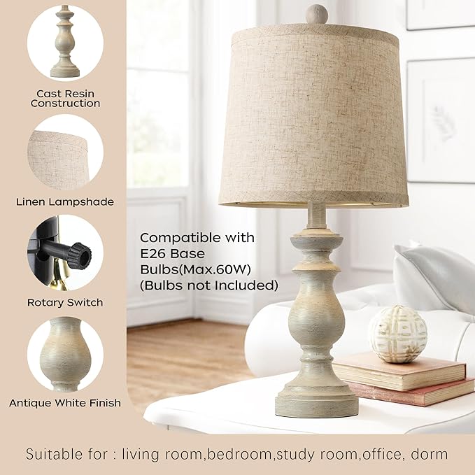 PARTPHONER Traditional Table Lamp Set of 2, Rustic Farmhouse Table Lamps for Living Room Bedroom, 22" Bedside Desk Lamps Vintage Nightstand Lamps with Linen Shades, Antique White - Bloomnest