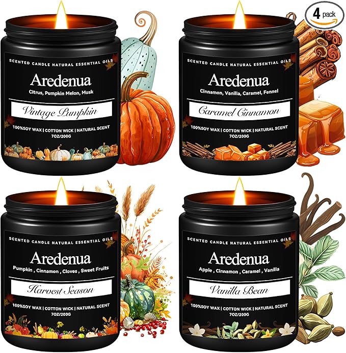 Fall Candles Set – 4 Pack Holiday Scented Soy Candles, 28oz Cozy Winter Candle Scents of Cinnamon, Vanilla Bean & Harvest,Pumpkin | Thanksgiving & Christmas Candle Gifts for Women Men - Bloomnest