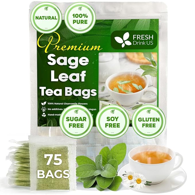 FreshDrinkUS Premium 75 Sage Leaf Tea Bags, 100% Natural & Pure. Loose Leaf Sage Herbal Tea. Made with Natural Material Tea Bags. No Sugar, No Caffeine, No Gluten, Vegan - Bloomnest