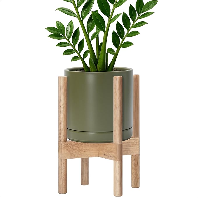 D'vine Dev Ceramic Planter with Natural Stand - 8 Inch Modern Round Flower Pot with Wood Planter Holder, Olive, 55-B-N-J - Bloomnest