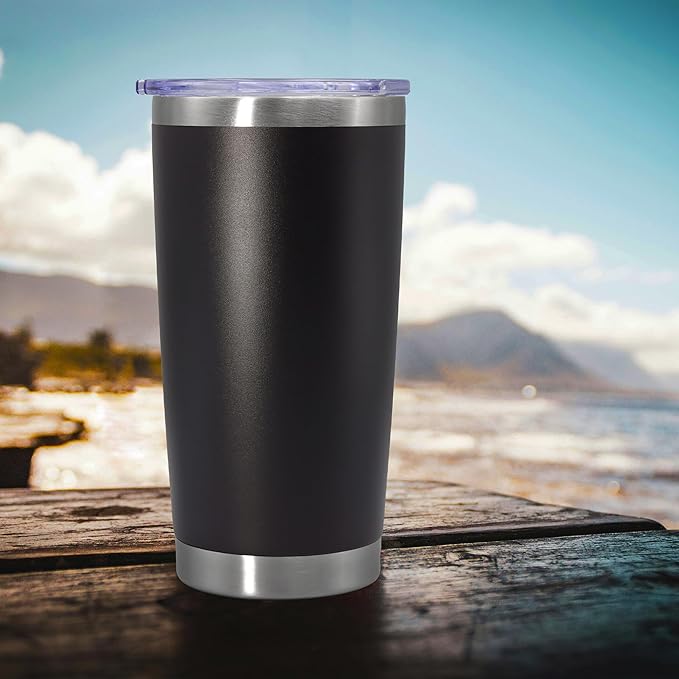 20 oz Tumbler Coffee Travel Tumblers Bulk with Lid Stainless Steel Double Wall Vacuum Insulated Mug Powder Coated Cups fit Car Cupholder for Hot and Cold - Black, 1Pack