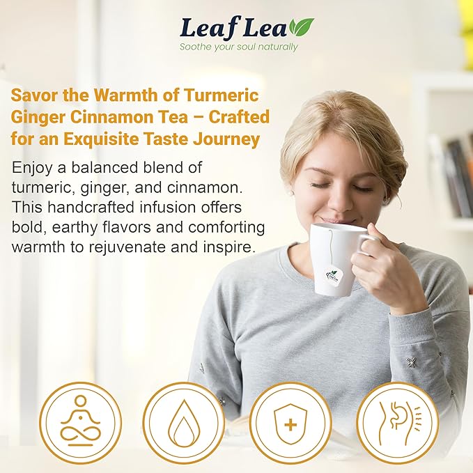 LeafLea 40 Turmeric Ginger Cinnamon Tea Bags, 100% Natural Ingredients Herbal Tea, Turmeric Ginger Herbal Blend for Wellness, Vegan, No Sugar, Caffeine-Free, Individually Wrapped for Freshness - Bloomnest