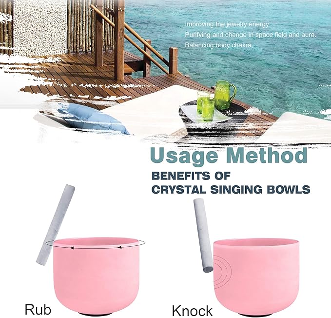 RYAN DVAN 8” F Note Pink Frosted Heart Chakra Crystal Singing Bowl with Free Heavy-Duty Carrying Case and Suede Striker O-Ring - Bloomnest