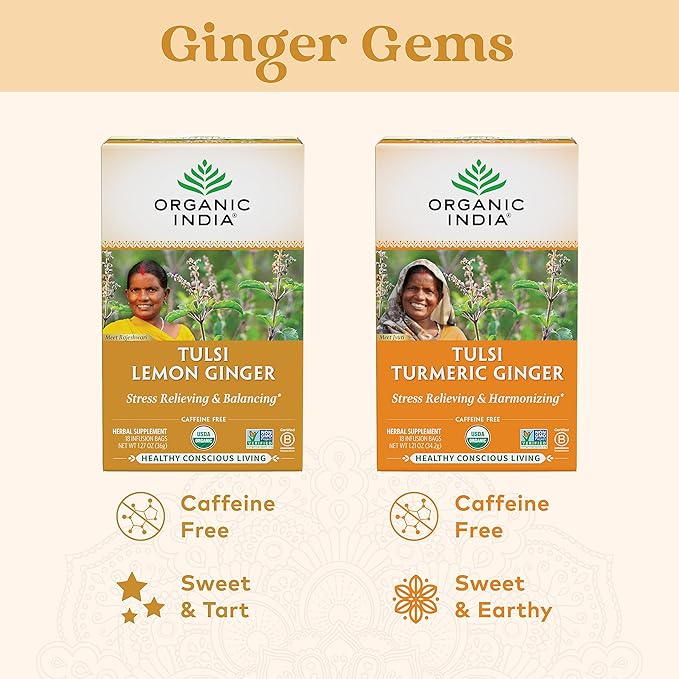 ORGANIC INDIA Tulsi Lemon Ginger Tea Bags - Herbal Tea, Stress Relieving & Reviving, Immune Support, Aids Digestion, Vegan, USDA Certified Organic, Non-GMO, Caffeine-Free - 18 Infusion Bags, 3 Pack - Bloomnest