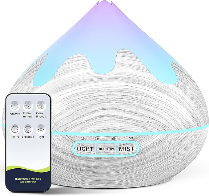 500ML Essential Oil Diffuser, Large Aromatherapy Diffuser with Remote Control, Air Diffusers for Home Office Room, Fragrance Humidifier with 7 Color LED & 2 Mist Mode, Glacier White - Bloomnest