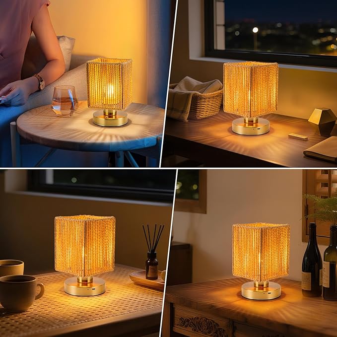 Rattan Table Lamp, 6000mah Battery Operated Table Lamp, Boho Small Desk Lamp, 3 Brightness Dimming for Bedroom Living Room Kids Room Touch Switch, Bulb Included - Bloomnest