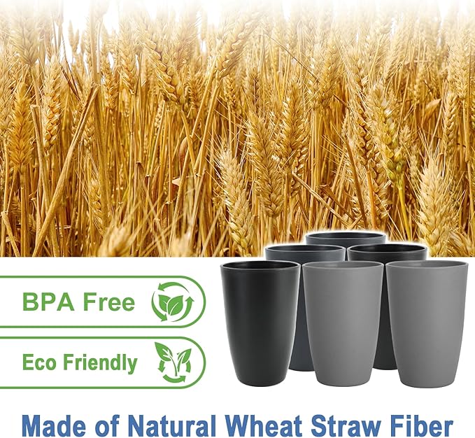 Wheat Straw Cups 20 OZ Set of 6, Unbreakable Drinking Cup Reusable, Alternative to Plastic Cups Reusable, Kitchen Water Tumblers Dishwasher and Microwave Safe (Black, Grey) - Bloomnest