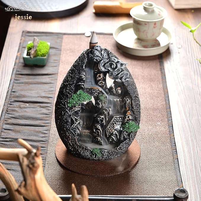 Backflow Incense Holder Resin Mountain Incense Burner Fountain Waterfall Incense Holders Home Decor with 120 Pcs Backflow Incense Cones 30 Pcs Incense Sticks (Creek) - Bloomnest