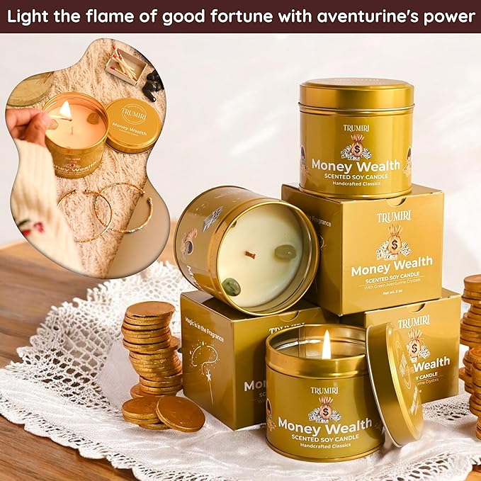 Money Wealth - Crystal Candles for Home Scented - Pack of 3 x 5oz Soy Wax Natural Clean Organic Non Toxic with Essential Oils - for Cash Luck Manifestation - Long Lasting Candel TRUMIRI