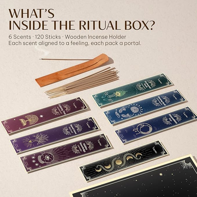 Mystical Guide Incense Sticks Variety Pack of 6 (120 Insence-Sticks) with Holder: Patchouli, Lavender, Sandalwood, Cinnamon, Lemongrass, Sage Inscents-Stick, Organic Incense Stick Non Toxic