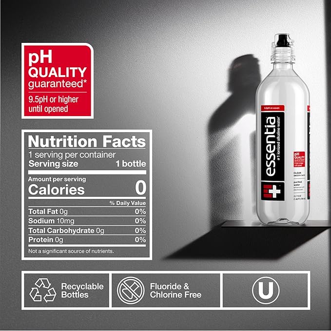 Essentia Water LLC, Ionized Alkaline Bottled Water; 99.9% Pure, Infused with Electrolytes, 9.5 pH or Higher with a Clean, Smooth Taste, 23.67 Fl Oz (Pack of 24) - Bloomnest