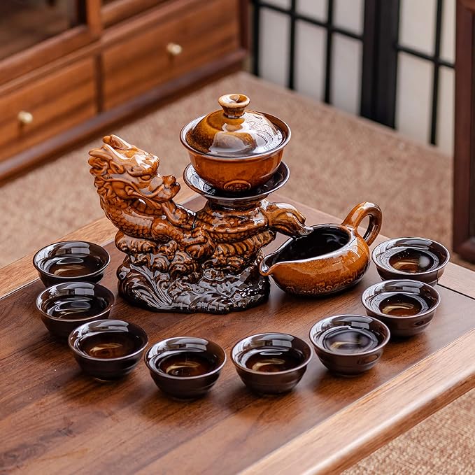 Ceramic Teapot with Infuser Semi Automatic Tea Set Magic Teapot with 8 cups Gradient Color (Yellow Dragon- B) - Bloomnest