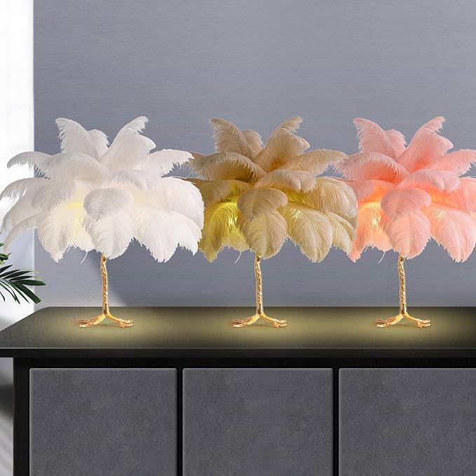 MAYOLA Modern Ostrich Feather Table Lamp with Plug in Wire,3-Light Bedside Floor Lamp for Living Room, Bedroom and Office 24” Tall Feather Desk Lamp (White, Table Lamp-Resin) - Bloomnest