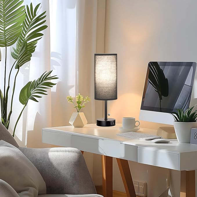 Black Bedside Lamps for Bedroom Set of 2 - Nightstand Table Lamp with USB Charging Port, Pull Chain Night Stand Light, Side Table Desk Reading Lamp for Living Room/Dorm/Bathroom/Kitchen - Bloomnest