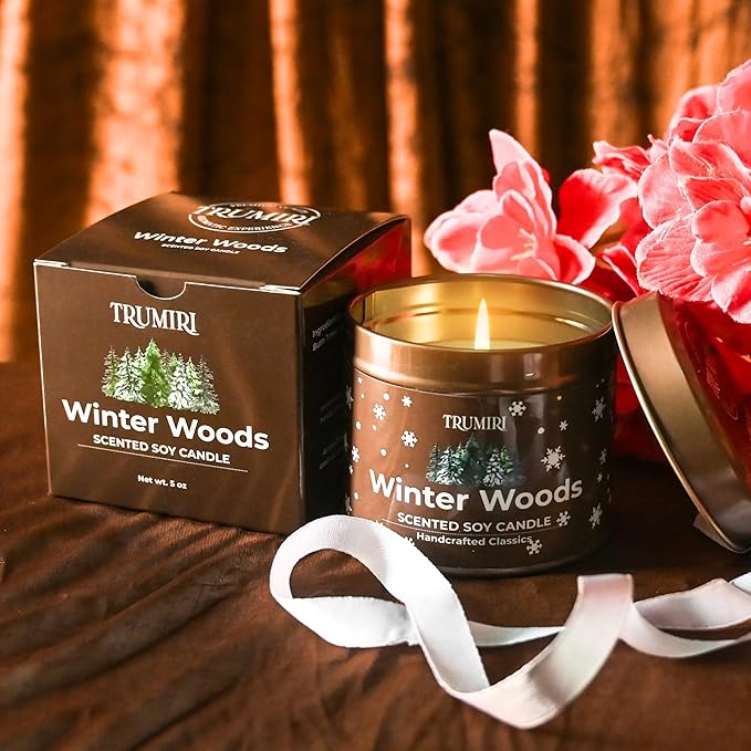 Winter Woods - Soy Candles for Home Scented - for Fall Christmas Holidays - 5oz Natural Clean Non Toxic - Long Lasting Highly Scented Pet Safe Luxury Tin - Velas Aromáticas Para el Hogar - Pine Candel TRUMIRI