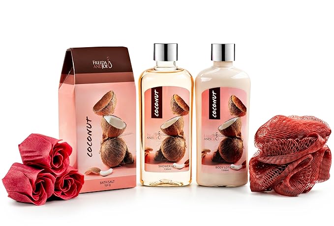 Coconut Spa Valentines Gift Basket Bath & Body Set with Shower Gel, Body Lotion, Bath Salts, Soap Flowers, Bath Sponge in a Wicker Basket (Pink & Brown Set) - Bloomnest
