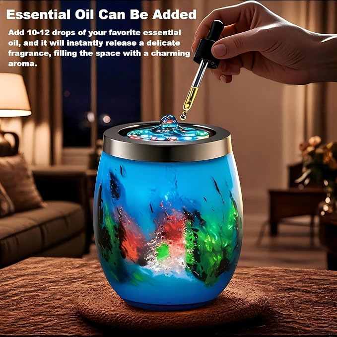 VOREEN Handblown Glass Tabletop Fountain - Art Glass Indoor Fountain with Color-Changing Glow - Artistic Indoor Water Feature with Optional Aromatherapy for Home, Spa, Office Décor - Blue - Bloomnest