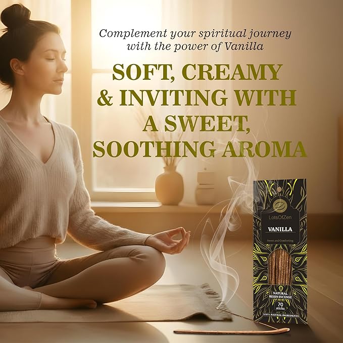 Vanilla Incense Sticks, 70 Pack – Hand-Rolled, 8-Inch Long, Long-Burning – Natural Vanilla Aroma for Meditation, Relaxation, and Calm Home Atmosphere LotsOfZen