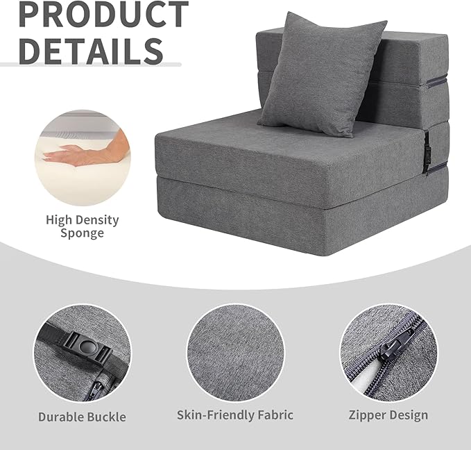 Folding Sofa Bed, High-Density Memory Foam Sofa Bed with a Fluffy Pillow, Floor Couch Guest Bed, Single Size, Dark Grey - Bloomnest
