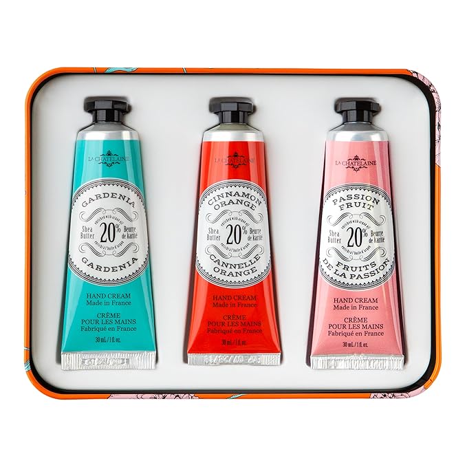 La Chatelaine Hand Cream Trio Tin, Gifts for Mom, Natural Hand Lotion Gift Set, Made in France 20% Organic Shea Butter (Gardenia, Cinnamon Orange, Passion Fruit or Orange, Oud Rose) 3 x 1 fl. oz - Bloomnest