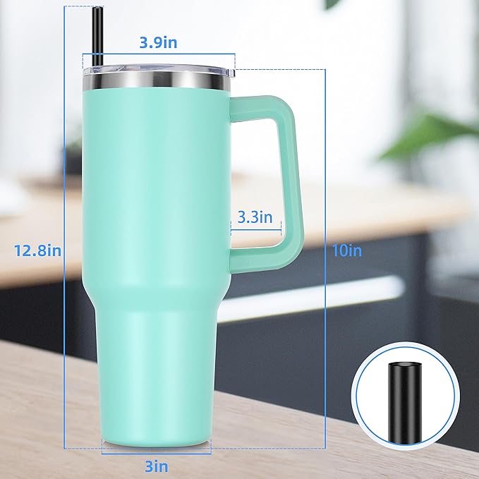 DOMICARE 40 oz Tumbler with Handle and Straw, Stainless Steel Tumbler with Lid and Straw, Reusable Vacuum Insulated Cup, Travel Coffee Mug, Mint Green, 1Pack - Bloomnest