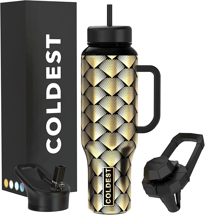 Coldest Tumbler with Handle and Straw - 100% Leak Proof Insulated Tumbler with Lid and Straw (3 Lids) - Stainless Steel Tumblers for Women & Men - Cup Holder Friendly Base, 46 oz (Gold Dragon) - Bloomnest