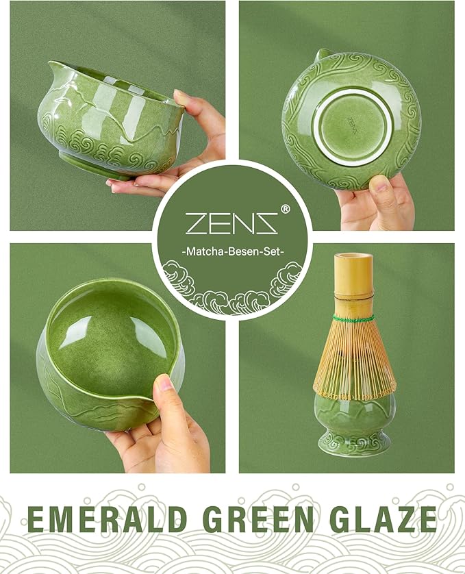 ZENS Matcha Whisk Set, 17oz Ceramic Matcha Set Includes Matcha Bowl and Matcha Cup, Bamboo Whisk & Chasen Holder, Sifter, Scoop & Tea Towel, 7pcs Matcha Kit for Matcha Latte, Emerald Green - Bloomnest