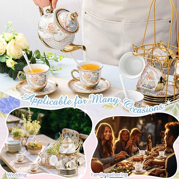 Zhehao 20 Pcs Porcelain Tea Set with Metal Holder and Spoon Adult Ceramic Tea Set European Flower Painting Teapot Cup Saucer Spoon for Women, Large Version(Minimalist Style) - Bloomnest