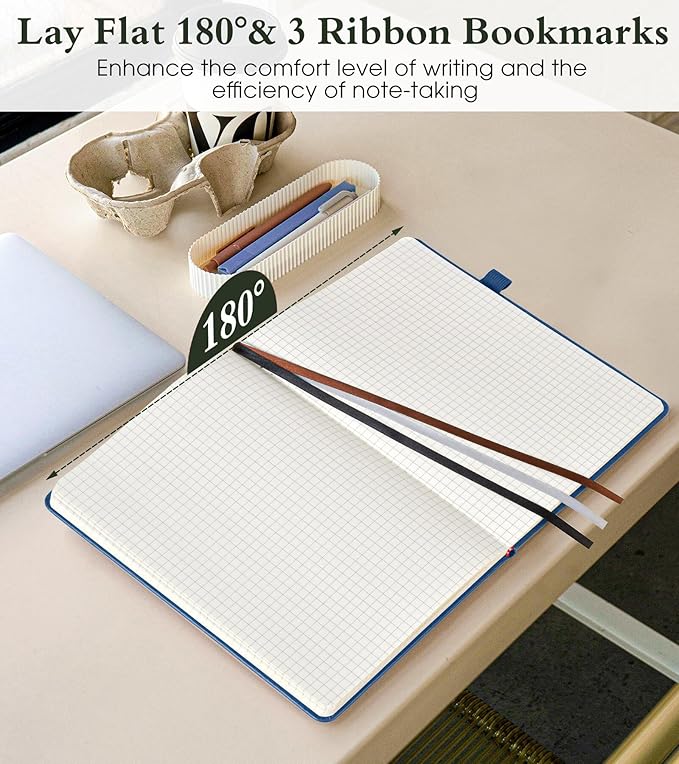 PAIBAS Graph Notebook for Women Men, 160 Pages Grid Paper, Graphing Notebooks for School, Work, Quad Ruled, Inner Pocket, A5 Hardcover Vintage Leather Journals for Writing, 5.8"x8.5" (Navy) - Bloomnest