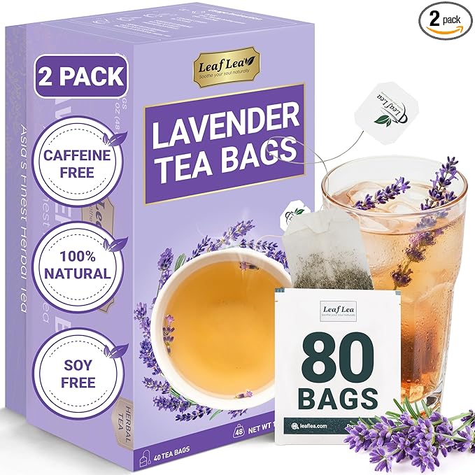 LeafLea 80 Premium Lavender Tea Bags, 100% Natural & Pure from Lavender Flowers, Nighttime Comfort & Digestive Support, Floral Aroma and Smooth Taste, Caffeine-Free, Sugar-Free, Individually Wrapped - Bloomnest