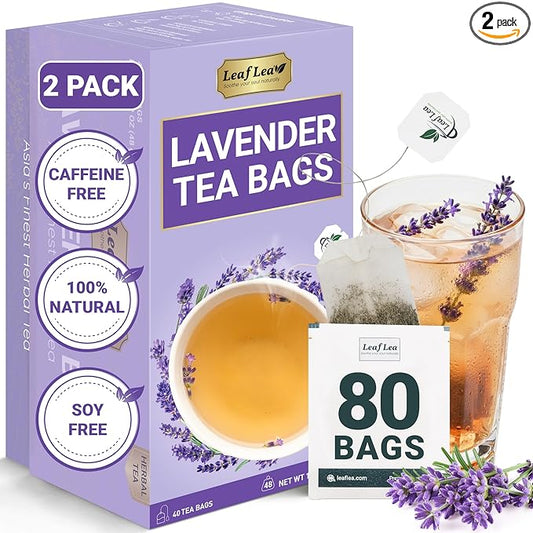 LeafLea 80 Premium Lavender Tea Bags, 100% Natural & Pure from Lavender Flowers, Nighttime Comfort & Digestive Support, Floral Aroma and Smooth Taste, Caffeine-Free, Sugar-Free, Individually Wrapped - Bloomnest